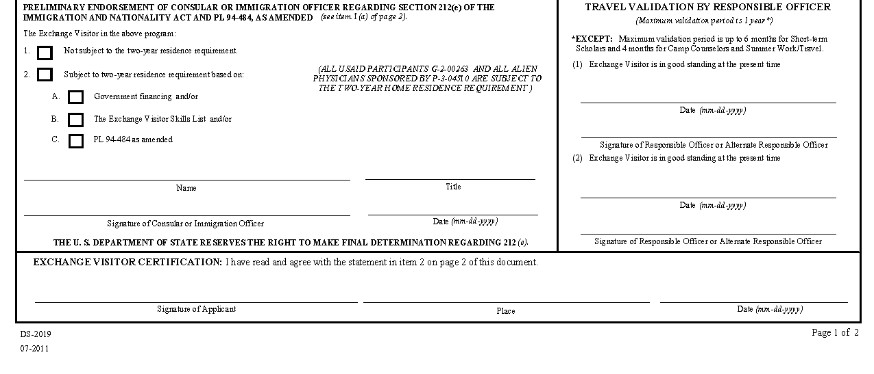 Sample Form DS-2019 for Jack Hoya page 1 Preliminary Endorsement, Travel Validation, and Exchange Visitor Certification sections