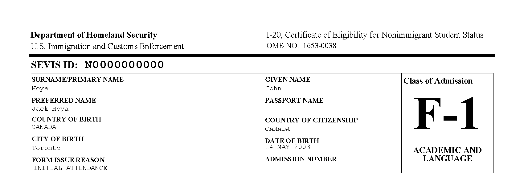 Sample Form I-20 for Jack Hoya top of page 1