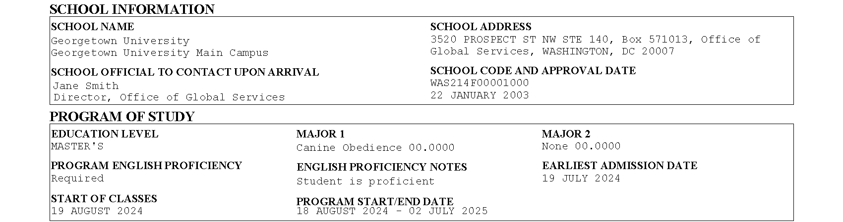 Sample Form I-20 for Jack Hoya School Information and Program of Study sections