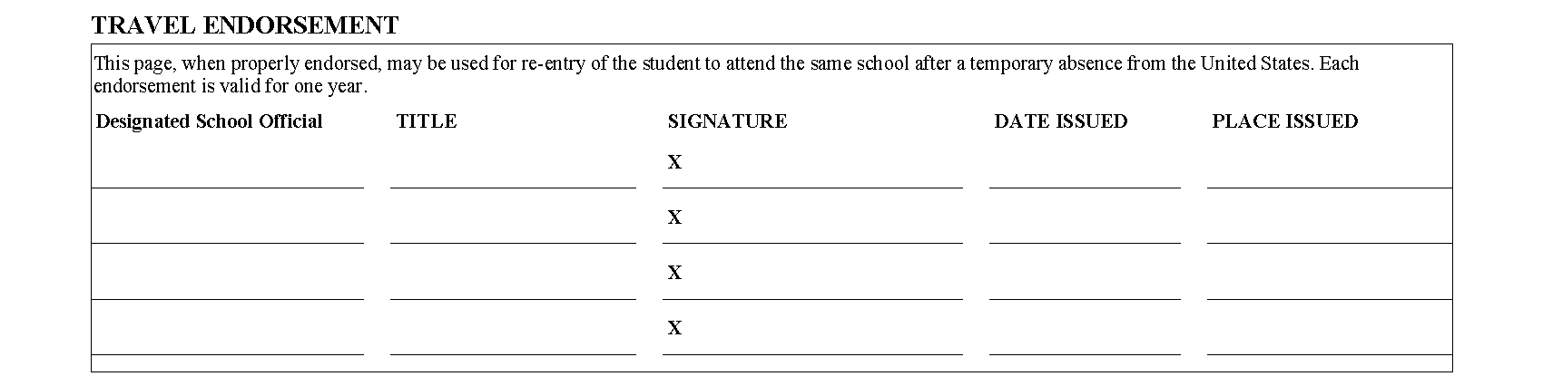 Sample Form I-20 for Jack Hoya Travel Endorsement section