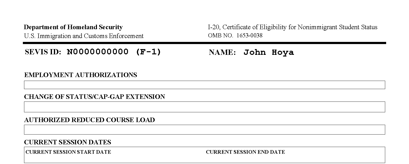 Sample Form I-20 for Jack Hoya top of page 2